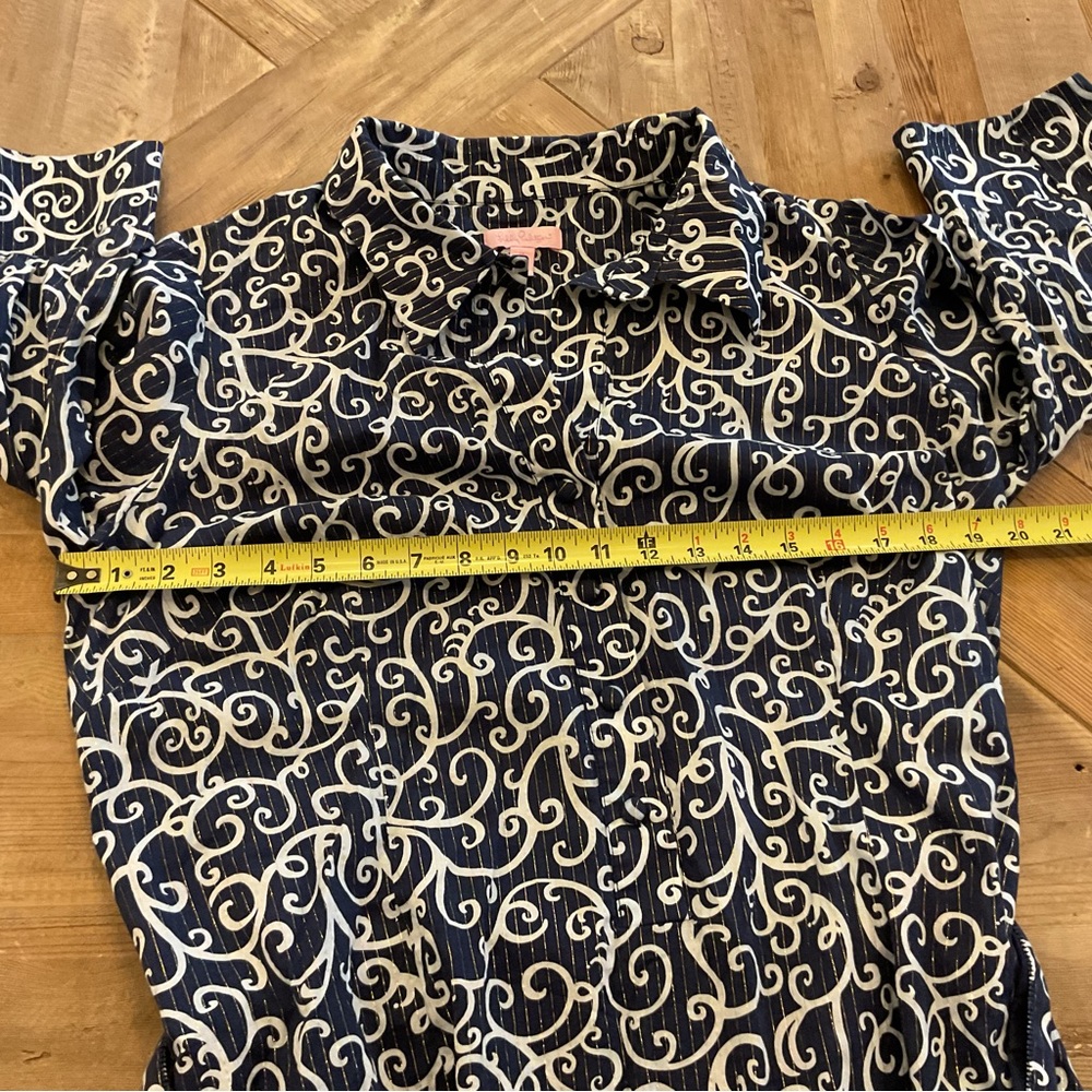 Lilly Pulitzer Shirt DressNavy White Swirl Print Gold Thread Belted - Picture 7 of 8